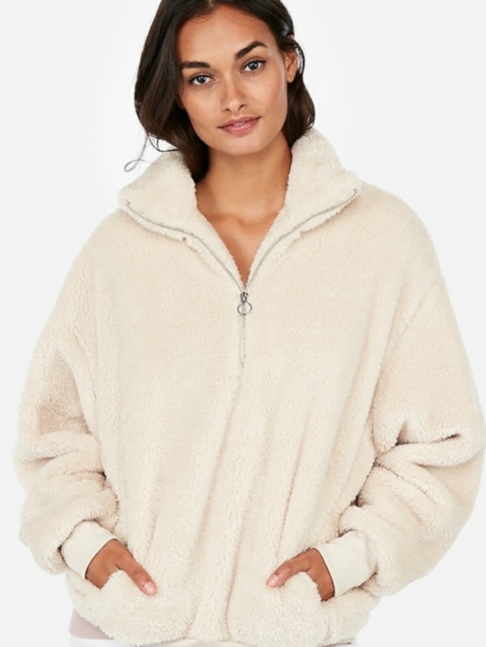 Express Oversized Cream Half Zip Teddy Cozy Pullover